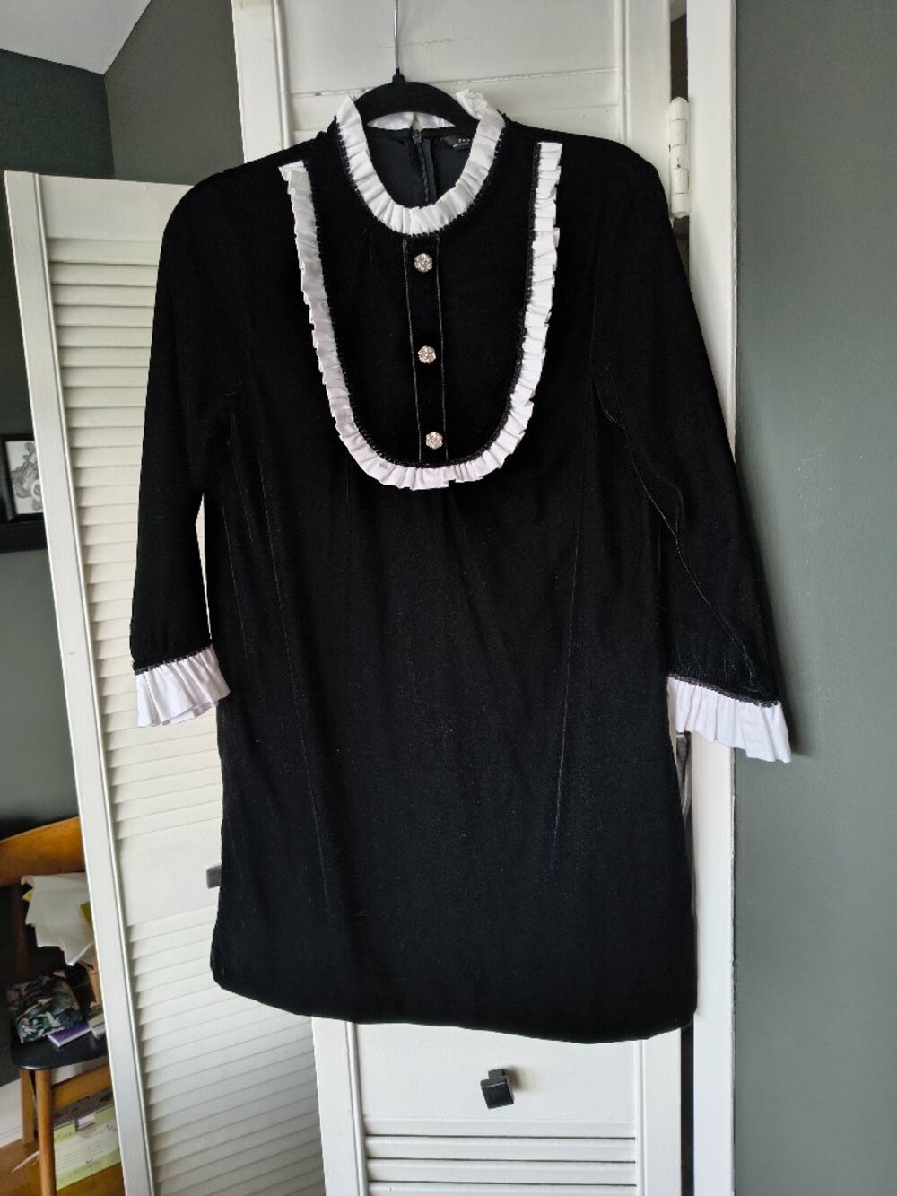 Zara Black Velvet Contrast Ruffle Mini Dress Size Medium Gothic Chic Retro